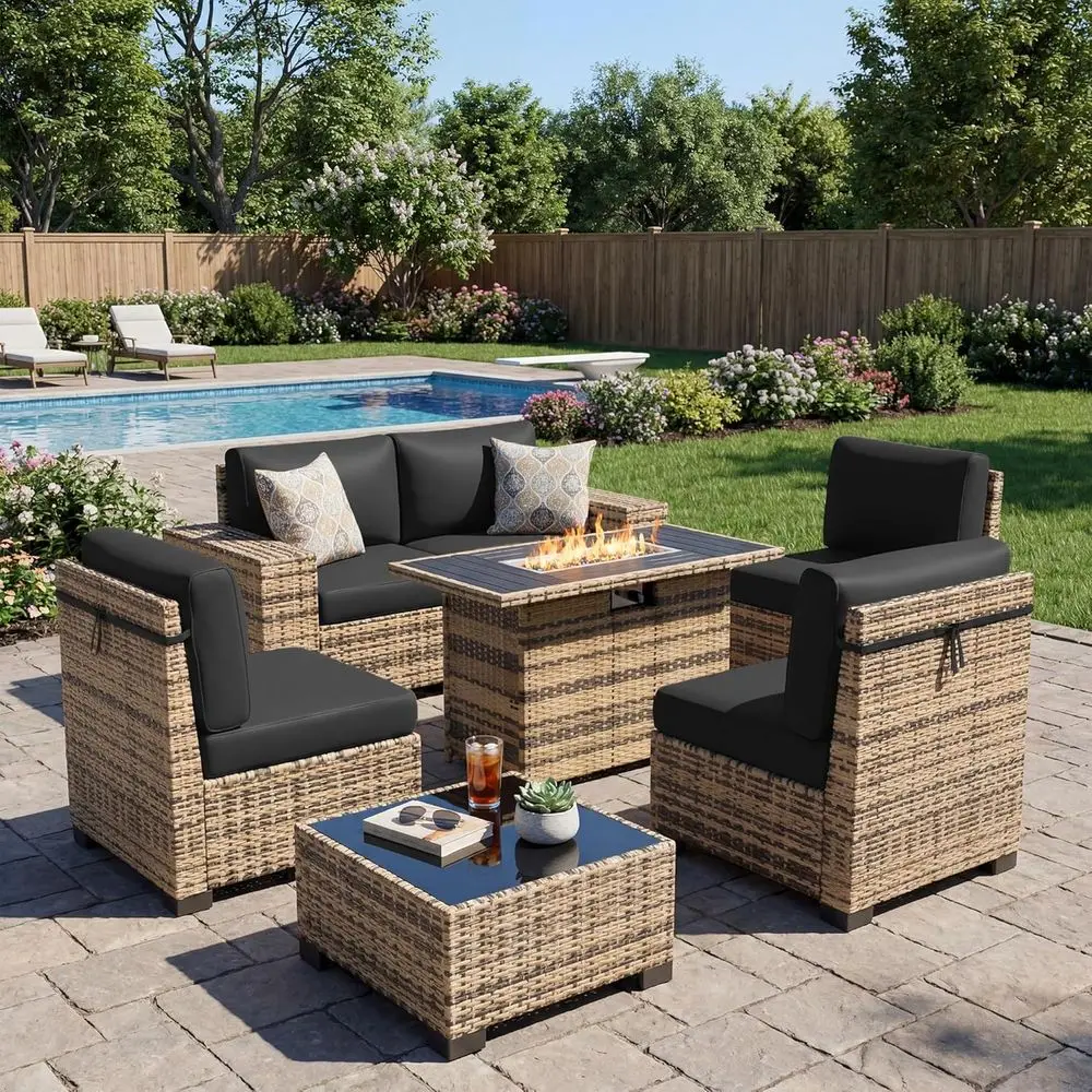 8-Piece Outdoor Sectional Sofa Set with Fire Pit Table, All-Weather Wicker for Patio or Garden
8-Piece Outdoor Sectional Sofa Set with Fire Pit Table, All-Weather Wicker for Patio or Garden