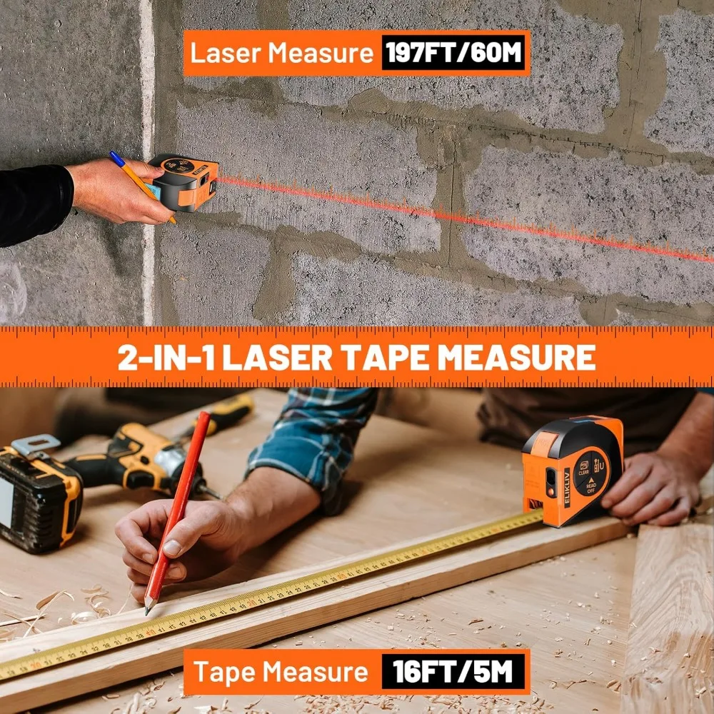 Laser Tape Measure 197Ft Rechargeable Laser Measurement & 16Ft Manual Measuring Digital Tape Measure
Laser Tape Measure 197Ft Rechargeable Laser Measurement & 16Ft Manual Measuring Digital Tape Measure