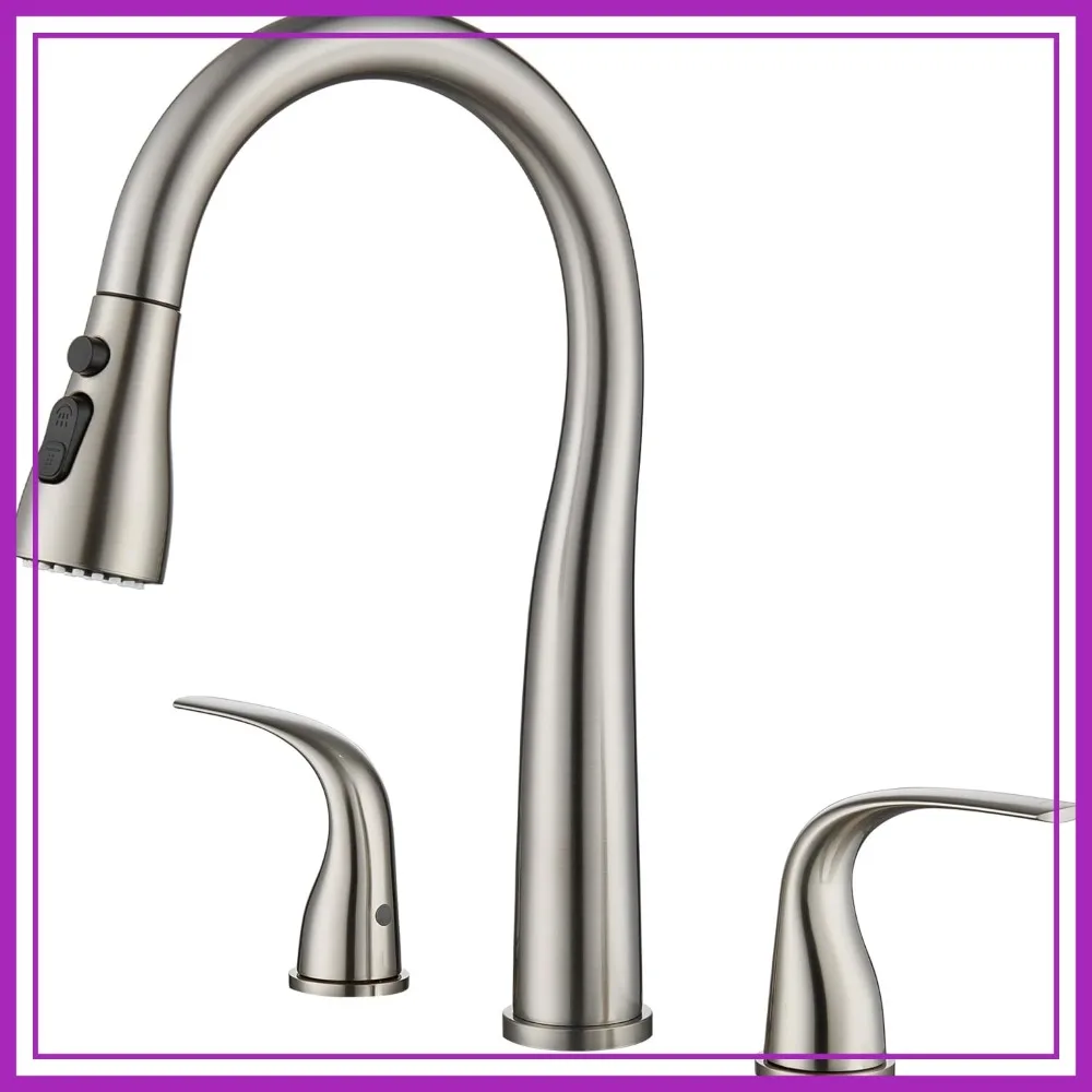 3 Hole Kitchen Faucet with Pull Down Sprayer, Brushed Nickel, Double Handle High Arc for Sink, 3 Mode Spray, Stainless Steel
3 Hole Kitchen Faucet with Pull Down Sprayer, Brushed Nickel, Double Handle High Arc for Sink, 3 Mode Spray, Stainless Steel