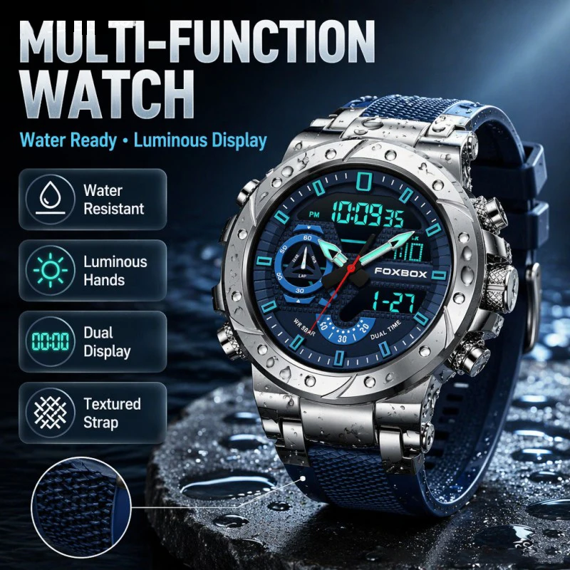 Foxbox Top brand Sport Quartz Men's Watches LED Display Shock Resistant 50M Waterproof Alarm Clock Analog Digitals Watch For Men
Foxbox Top brand Sport Quartz Men's Watches LED Display Shock Resistant 50M Waterproof Alarm Clock Analog Digitals Watch For Men