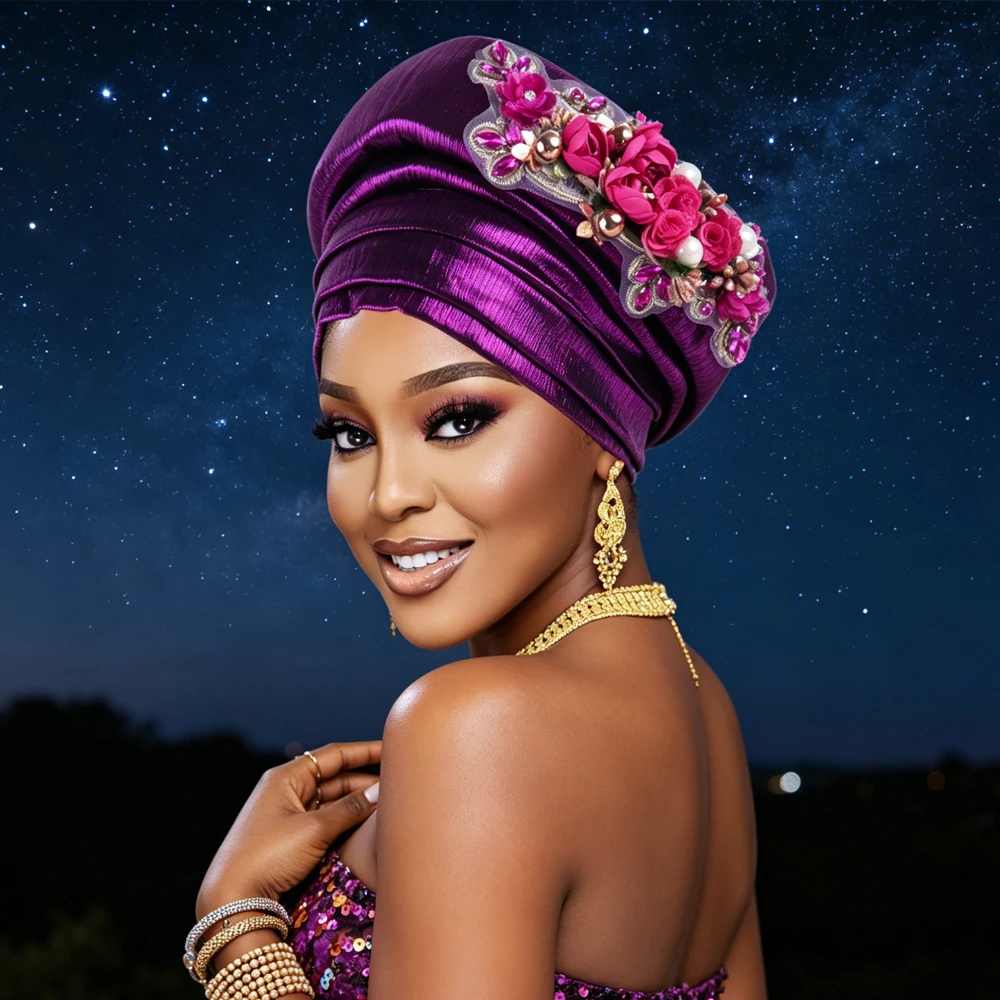 African Auto Gele Turban with 3D Flower Decoration Pre-Tied Muslim Head Wrap Elegant Nigerian Headwear Wedding Hijab Cap Bonnet
African Auto Gele Turban with 3D Flower Decoration Pre-Tied Muslim Head Wrap Elegant Nigerian Headwear Wedding Hijab Cap Bonnet