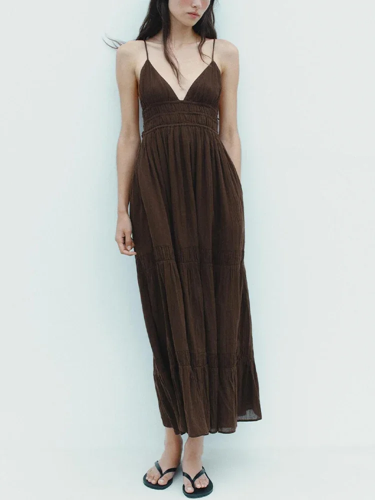 2025 New European and American style women's clothing Fashion elastic waist midi backless suspender dress long skirt 
2025 New European and American style women's clothing Fashion elastic waist midi backless suspender dress long skirt