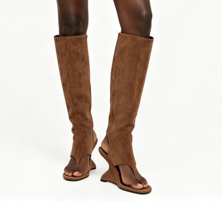 Women Black/brown Suede Cut-Out Thong Toe Wedge Heel Knee High Boots 2026 New Fashion Catwalk Slingback Summer Boots
Women Black/brown Suede Cut-Out Thong Toe Wedge Heel Knee High Boots 2026 New Fashion Catwalk Slingback Summer Boots