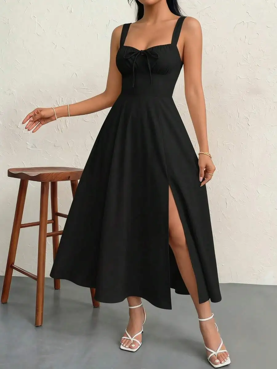 Black Spaghetti Strap Midi Dress With Slit And Bow Detail Formal Evening Party Dress
Black Spaghetti Strap Midi Dress With Slit And Bow Detail Formal Evening Party Dress