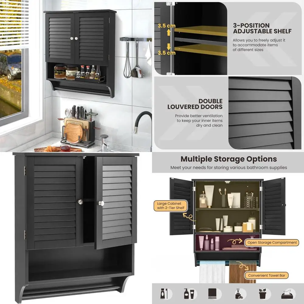 Double Door Wall-Mounted Bathroom Storage Cabinet with Shelf and Towel Bar, Over Toilet Space Saver for Home (Black)
Double Door Wall-Mounted Bathroom Storage Cabinet with Shelf and Towel Bar, Over Toilet Space Saver for Home (Black)