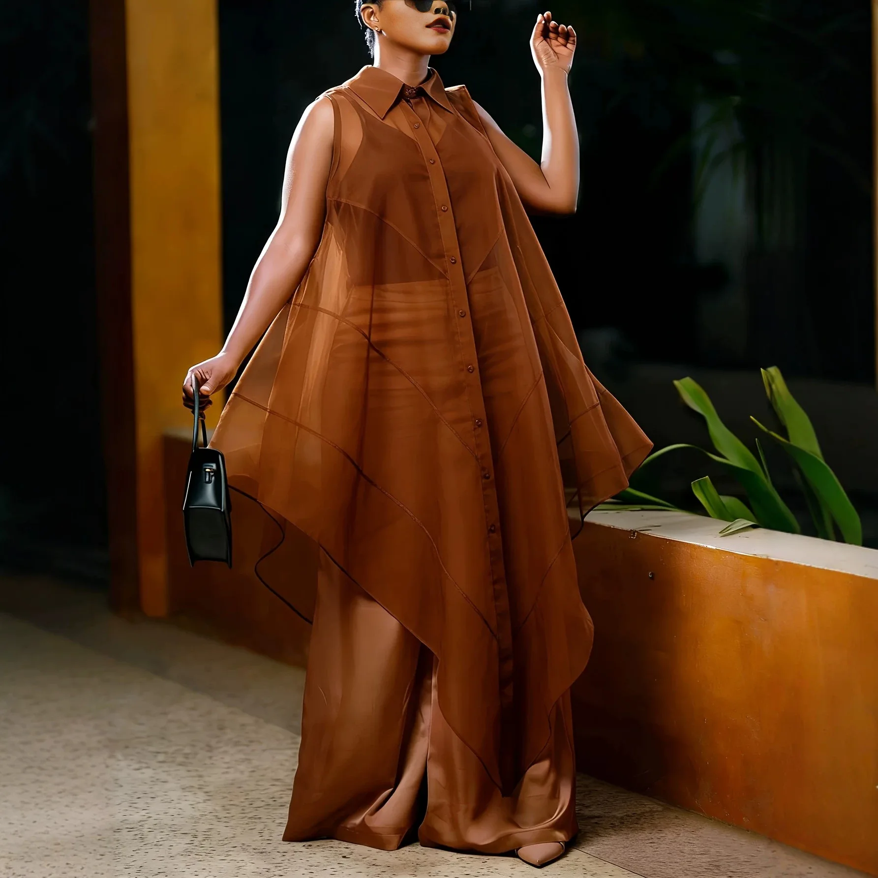 Women's 2-Piece Sheer Chiffon Outfit Sleeveless Longline Shirt with Wide Leg Satin Pants Elegant Brown Formal Matching Set
Women's 2-Piece Sheer Chiffon Outfit Sleeveless Longline Shirt with Wide Leg Satin Pants Elegant Brown Formal Matching Set