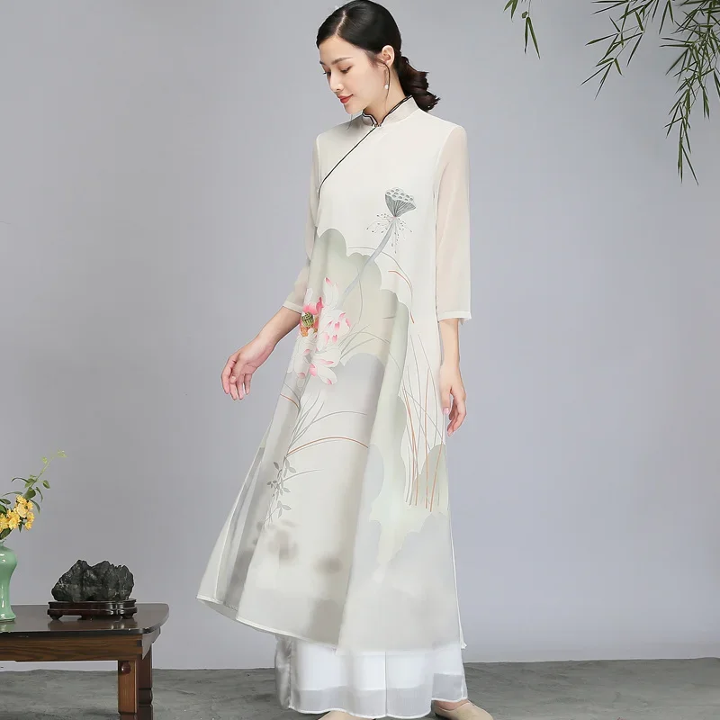 Chinese Style Two Piece Set Women Long Tops Pant Suits Slim Casual Vintage Ao Dai Vietnam Printed Chiffon Cheongsam Improve Suit
Chinese Style Two Piece Set Women Long Tops Pant Suits Slim Casual Vintage Ao Dai Vietnam Printed Chiffon Cheongsam Improve Suit