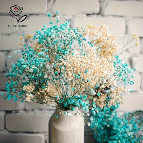 6pcs Real Touch Baby's Breath Bouquet Beige Blue Dried Gypsophila Flower Rustic Home Bedroom Decor Wedding Tabletop Centerpieces