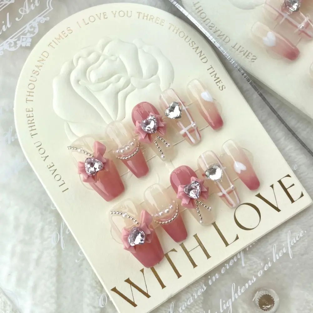 10Pcs XS S M L Love Bow Handmade Nails with Rhinestone Full Cover Pure Manual False Nail Pink White Lines with Tool Box
10Pcs XS S M L Love Bow Handmade Nails with Rhinestone Full Cover Pure Manual False Nail Pink White Lines with Tool Box
