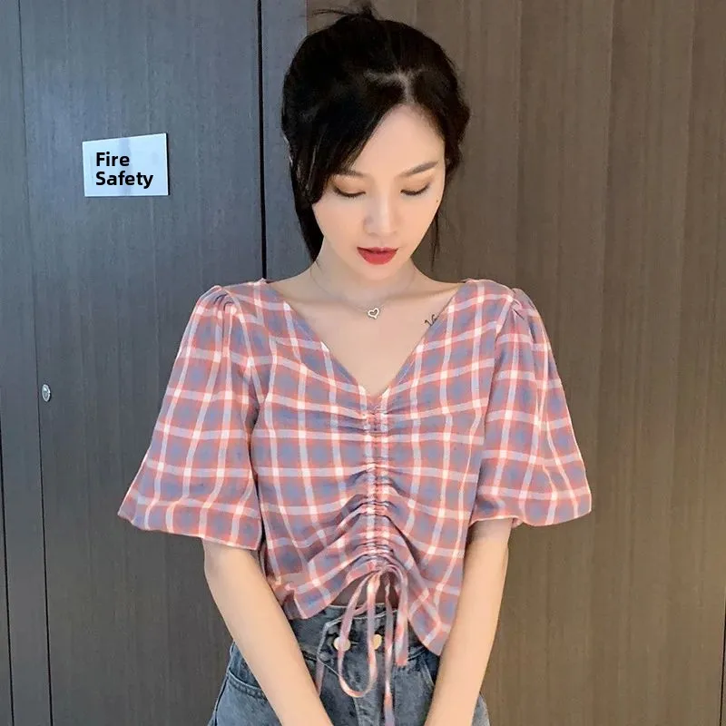 Sexy Red Plaid V Ne Blouse irt Ruched Dstring Cleanfit Women's ort Sve irt Thin Material Easy to Deform
Sexy Red Plaid V Ne Blouse irt Ruched Dstring Cleanfit Women's ort Sve irt Thin Material Easy to Deform