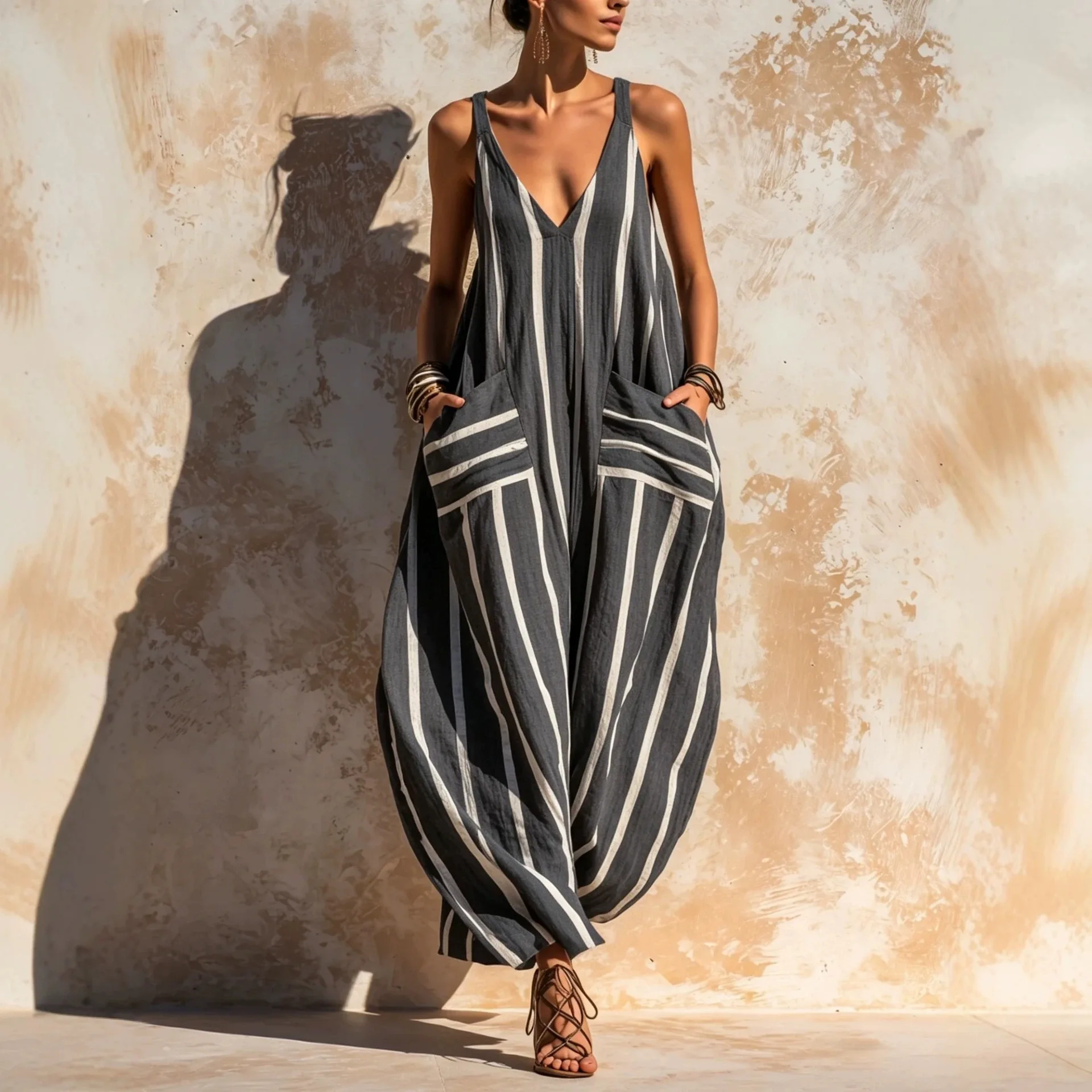Elegant Sleeveless V Neck Loose Pockets Long Casual Bohemian Vacation Beach Summer Women's color blocking Striped Linen jumpsuit
Elegant Sleeveless V Neck Loose Pockets Long Casual Bohemian Vacation Beach Summer Women's color blocking Striped Linen jumpsuit