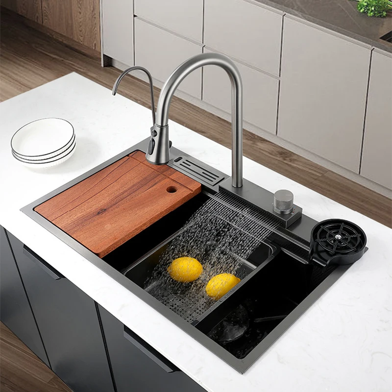Luxury Modern Draining Single Bowl 304 Stainless Steel Multifunction Kitchen Sink Black Waterfall Faucet Kitchen Ultrasonic Sink
Luxury Modern Draining Single Bowl 304 Stainless Steel Multifunction Kitchen Sink Black Waterfall Faucet Kitchen Ultrasonic Sink