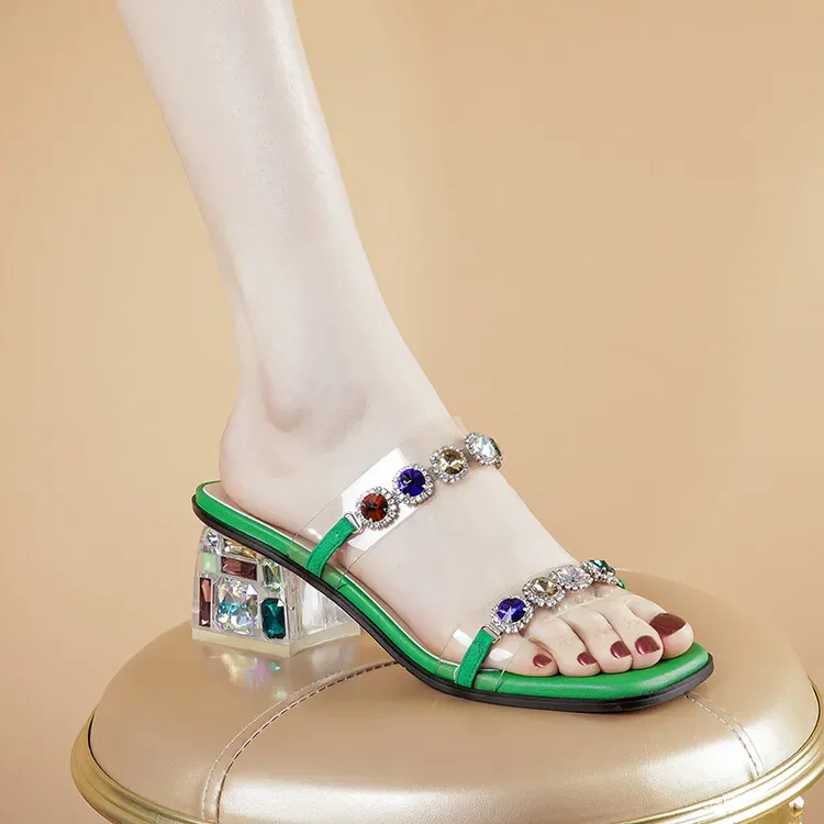 Luxury Colored Gemstone High-Heeled Sandals Leather Custom Square Head Crystal And One-Word Slippers Sexy Women's Shoes 34&42
Luxury Colored Gemstone High-Heeled Sandals Leather Custom Square Head Crystal And One-Word Slippers Sexy Women's Shoes 34&42