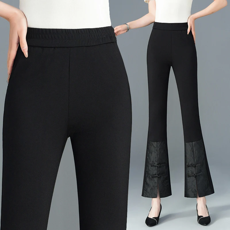 Black Chinese-style buttoned bell-bottom pants for petite women, new spring-summer loose-fitting cropped pants with slit and fis
Black Chinese-style buttoned bell-bottom pants for petite women, new spring-summer loose-fitting cropped pants with slit and fis