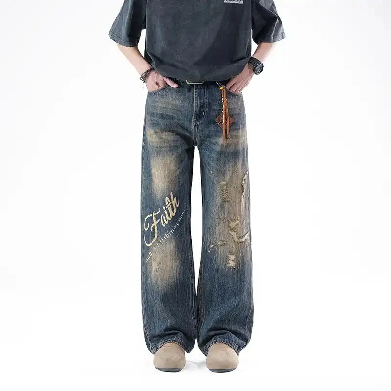 Men's Loose Denim Jeans with Retro Letter Print, Vintage Washed and Worn Wide Leg Streetwear Pants, Casual Cotton Jeans for Dail
Men's Loose Denim Jeans with Retro Letter Print, Vintage Washed and Worn Wide Leg Streetwear Pants, Casual Cotton Jeans for Dail
