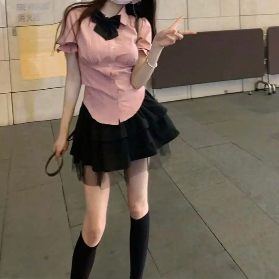 Women Two Piece Outfit Pink Shirt Top With Bow Black Pleated Mini Skirt Preppy Style
Women Two Piece Outfit Pink Shirt Top With Bow Black Pleated Mini Skirt Preppy Style