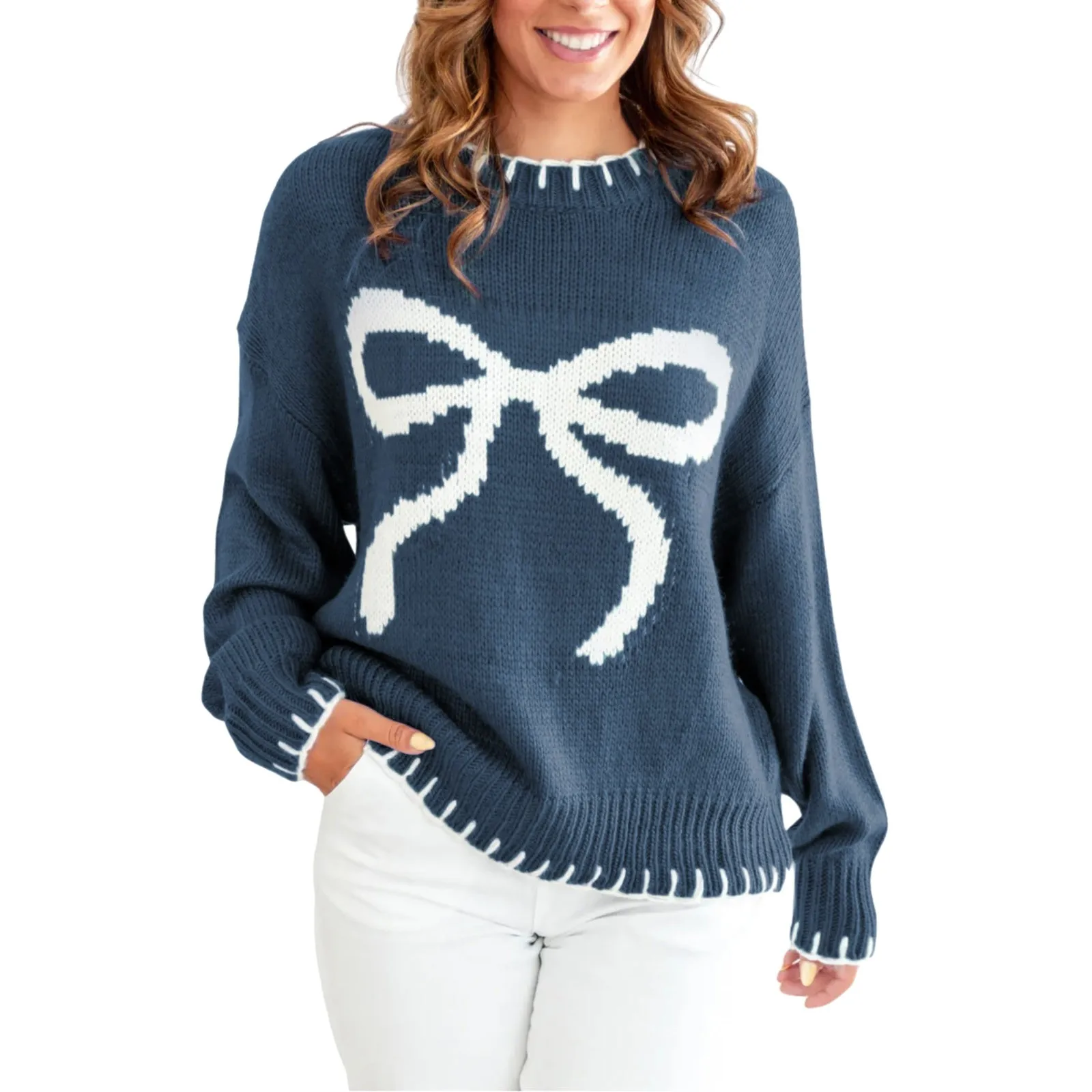 Women's Bow Knitted Sweater Round Neck Long Sleeve Pullover Womens Petite Sweaters Trendy Sweaters Women's Cowl Neck Sweater
Women's Bow Knitted Sweater Round Neck Long Sleeve Pullover Womens Petite Sweaters Trendy Sweaters Women's Cowl Neck Sweater