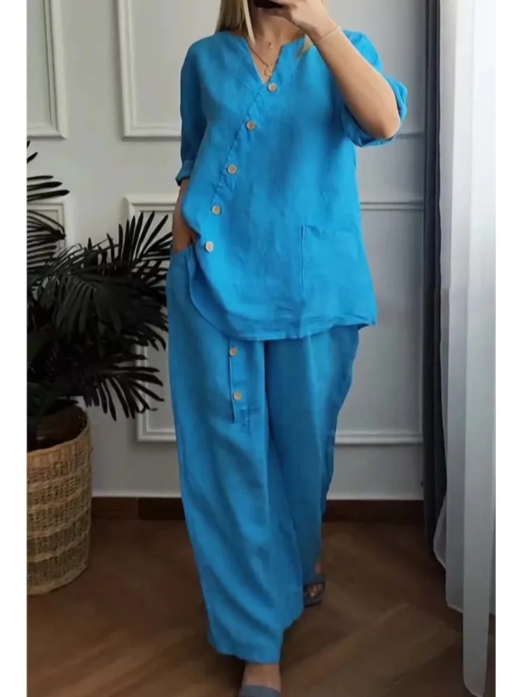 Casual Fashion 2pcs Women Sets 2025 Spring Summer 3/4 Sleeve Pocket Button Blouse Loose Pant Set Work Solid Two Piece Set Outfit
Casual Fashion 2pcs Women Sets 2025 Spring Summer 3/4 Sleeve Pocket Button Blouse Loose Pant Set Work Solid Two Piece Set Outfit