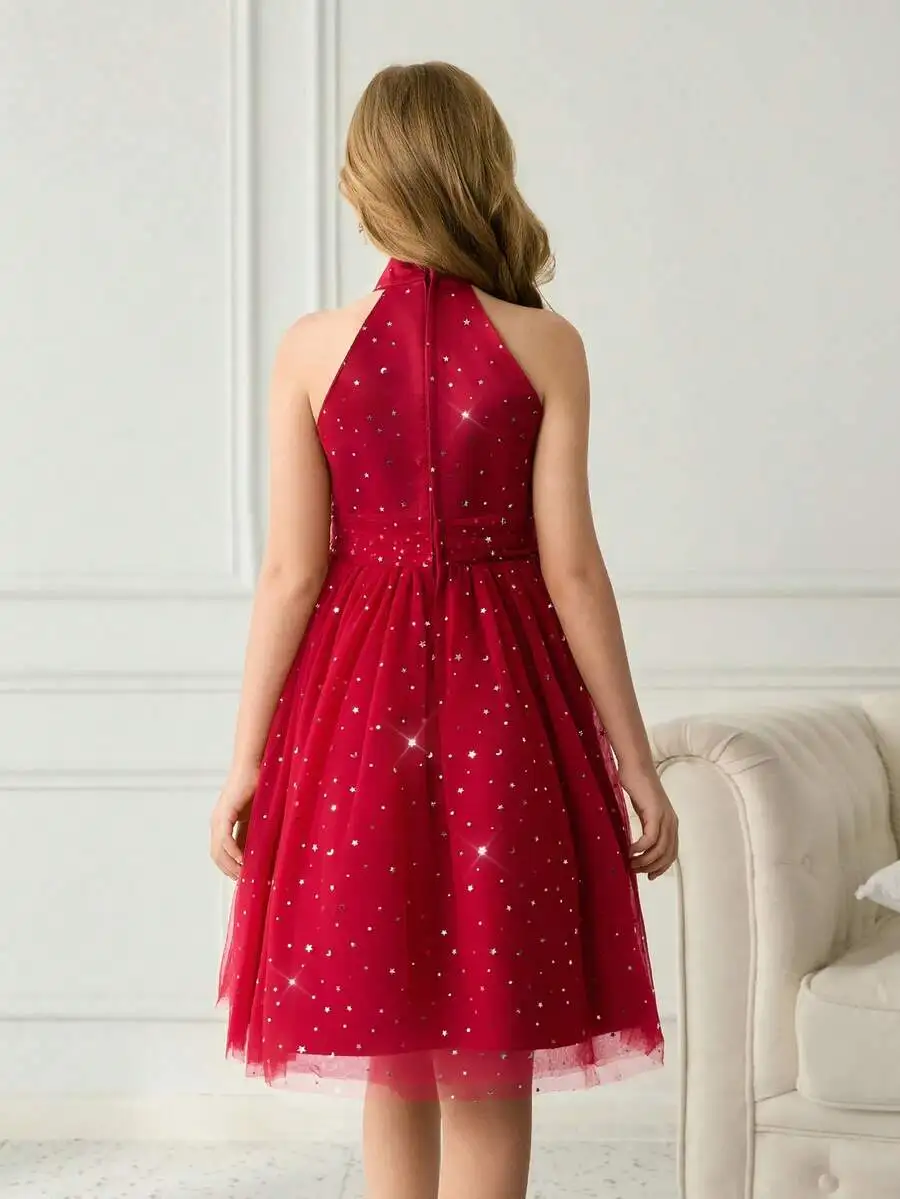 Burgundy Halter Neck Tulle Evening Dress With Star Sequins For Formal Occasions
Burgundy Halter Neck Tulle Evening Dress With Star Sequins For Formal Occasions
