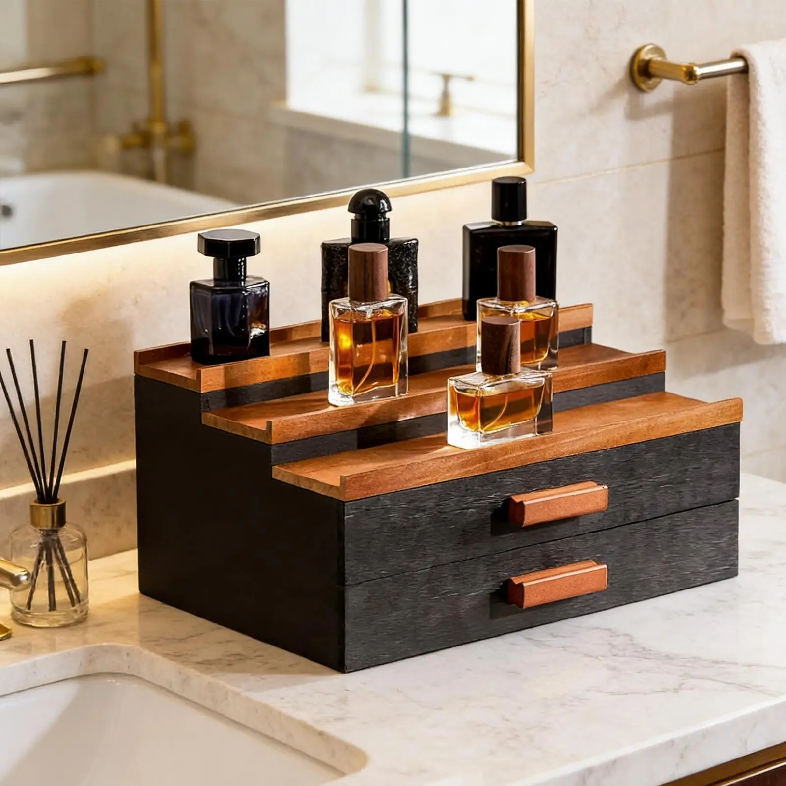 Versatile Wooden Perfume Stand 3 Tier Shelf Organizer with Drawer for Watch Jewelry Makeup Bedroom Display
Versatile Wooden Perfume Stand 3 Tier Shelf Organizer with Drawer for Watch Jewelry Makeup Bedroom Display