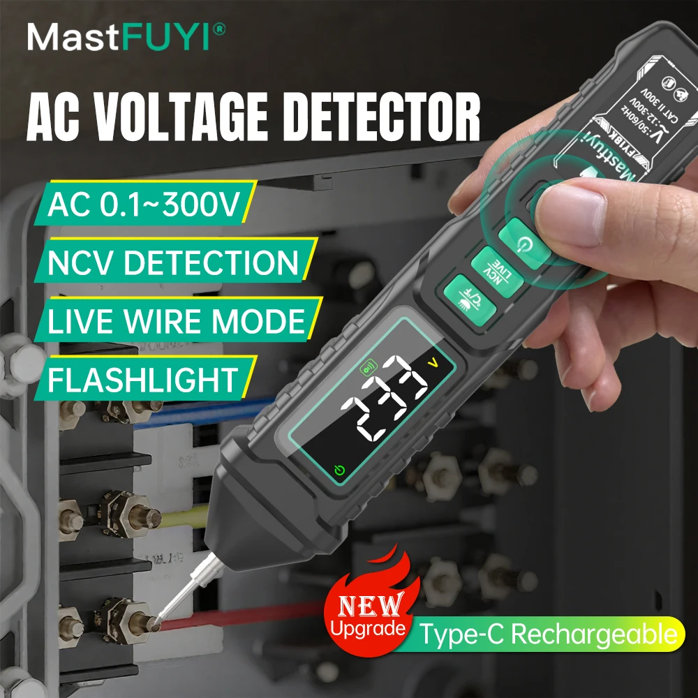 MASTFUYI AC Voltage Detector 12V-300V Non-contact Induction Tester Pen Live Wire Identification LCD Screen with Flashlight
MASTFUYI AC Voltage Detector 12V-300V Non-contact Induction Tester Pen Live Wire Identification LCD Screen with Flashlight