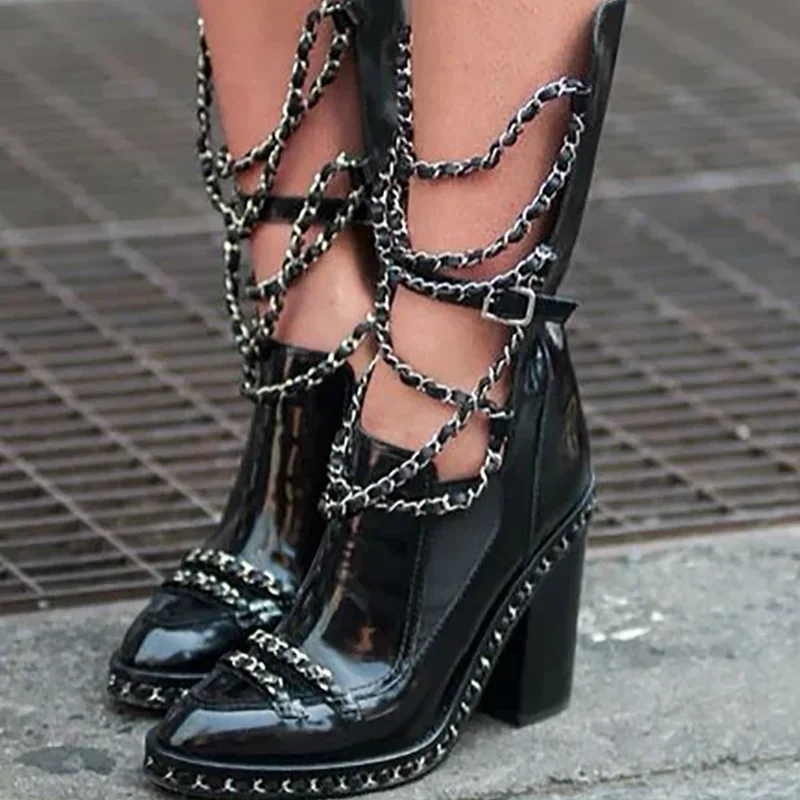 Metal Chain Decor Ankle Booties Slip On Block High Heel Black Patent Leather Runway 2026 Winter Autumn Women Dress Shoes
Metal Chain Decor Ankle Booties Slip On Block High Heel Black Patent Leather Runway 2026 Winter Autumn Women Dress Shoes