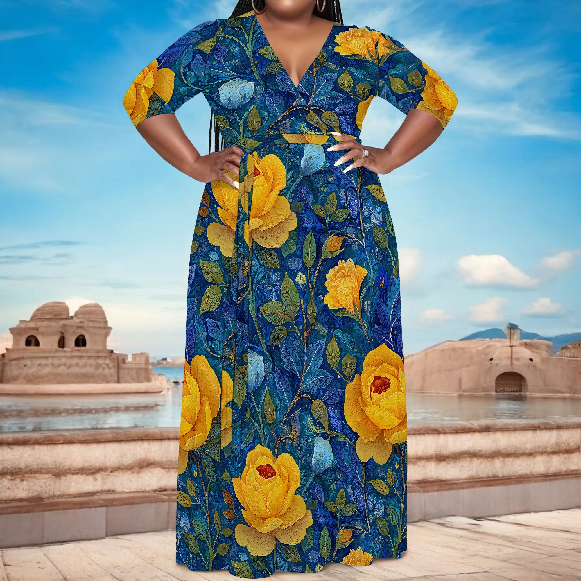 Plus Size Wrap Maxi Dress Yellow Rose Print Elegant Summer Boho Style Party Outfit
Plus Size Wrap Maxi Dress Yellow Rose Print Elegant Summer Boho Style Party Outfit