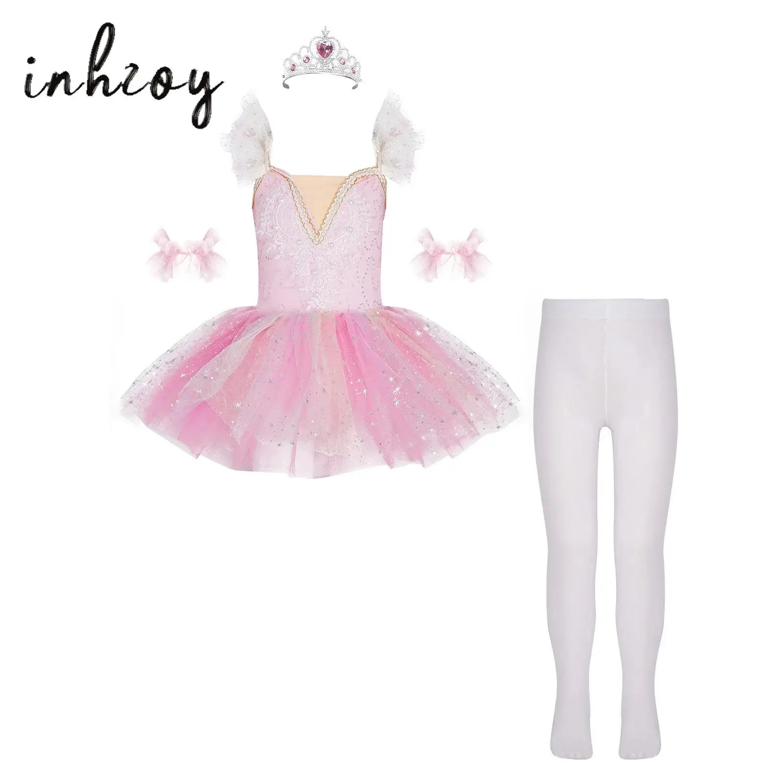 4Pcs Girl's Ballet Dance Dress Spaghetti Straps Ruffled Sleeves Applique Bodice Sequins Layered Tutu Dress+Cuffs+Pantyhose Set
4Pcs Girl's Ballet Dance Dress Spaghetti Straps Ruffled Sleeves Applique Bodice Sequins Layered Tutu Dress+Cuffs+Pantyhose Set