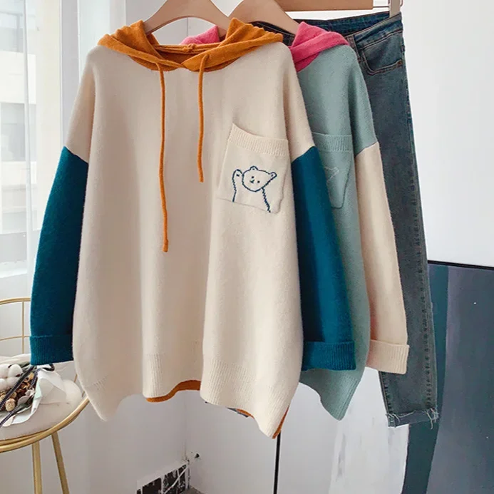 2024 New Women Winter Clothes 2024 Hooded Sweaters Cartoon Patchwork Knitted Pullovers Pocket Hooded Pullover Knitwear
2024 New Women Winter Clothes 2024 Hooded Sweaters Cartoon Patchwork Knitted Pullovers Pocket Hooded Pullover Knitwear