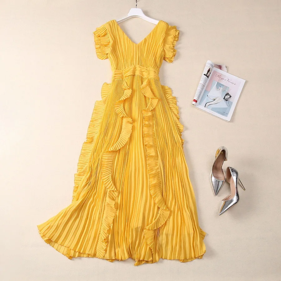 European and American women's clothing new summer V-neck Sleeveless yellow patchwork flounces Fashion pleated dress XXL
European and American women's clothing new summer V-neck Sleeveless yellow patchwork flounces Fashion pleated dress XXL