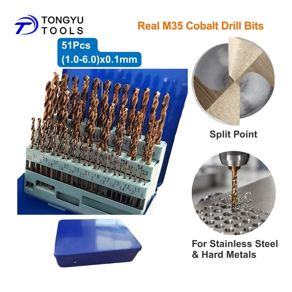 51Pcs M35 Cobalt Drill Bit Set 1-6mm DIN338 HSS Co5% Split Point Jobber Twist Bits for Stainless Steel Hard Metal
51Pcs M35 Cobalt Drill Bit Set 1-6mm DIN338 HSS Co5% Split Point Jobber Twist Bits for Stainless Steel Hard Metal