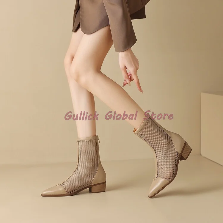 2024 New Style Mesh Pointed Toe Genuine Leather Chunky Heels Zipper Ankle Boots Summer Casual Comfortable Breathable Soft Shoes
2024 New Style Mesh Pointed Toe Genuine Leather Chunky Heels Zipper Ankle Boots Summer Casual Comfortable Breathable Soft Shoes