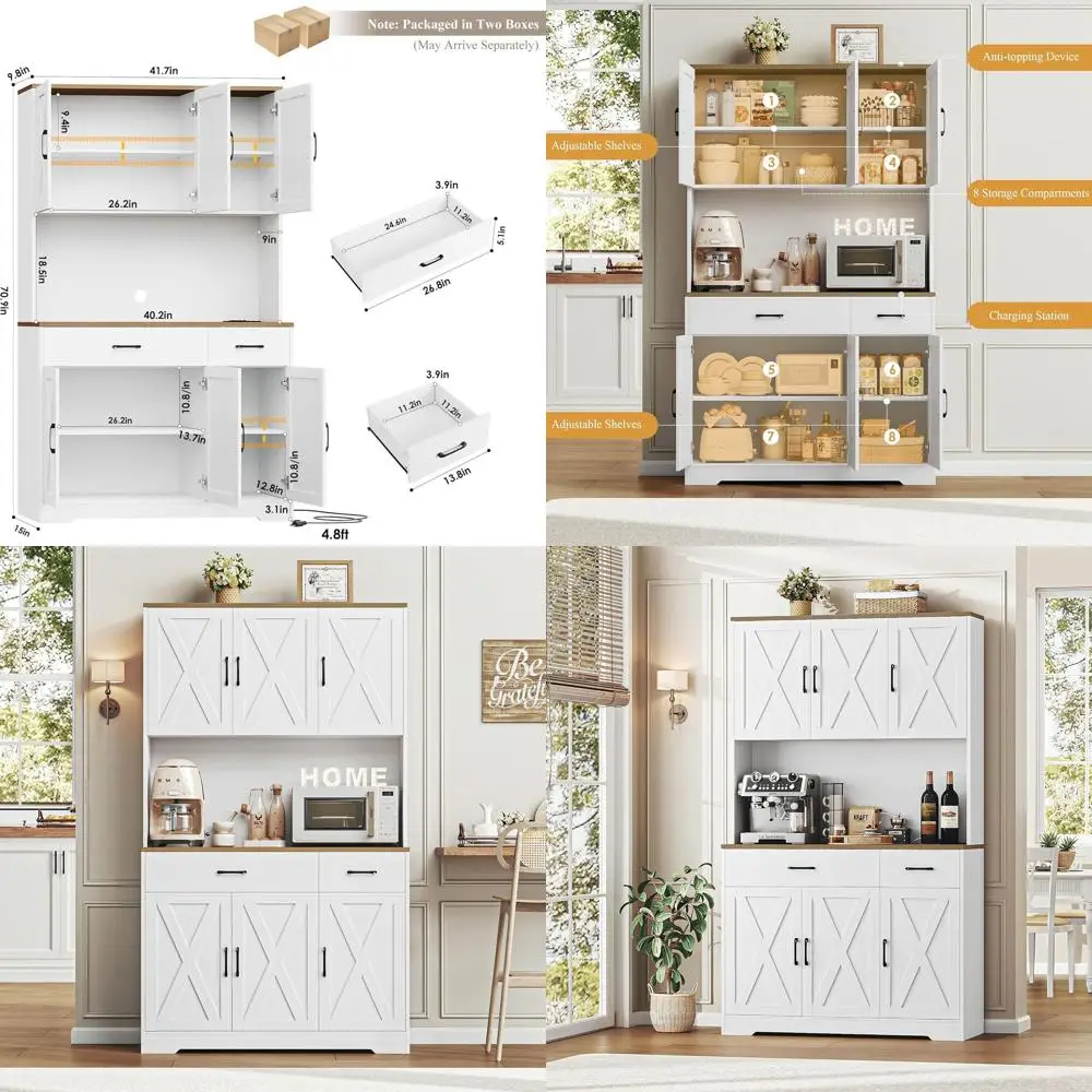 White Tall Kitchen Pantry Cabinet with Storage Drawers and Built-in Charging Station
White Tall Kitchen Pantry Cabinet with Storage Drawers and Built-in Charging Station