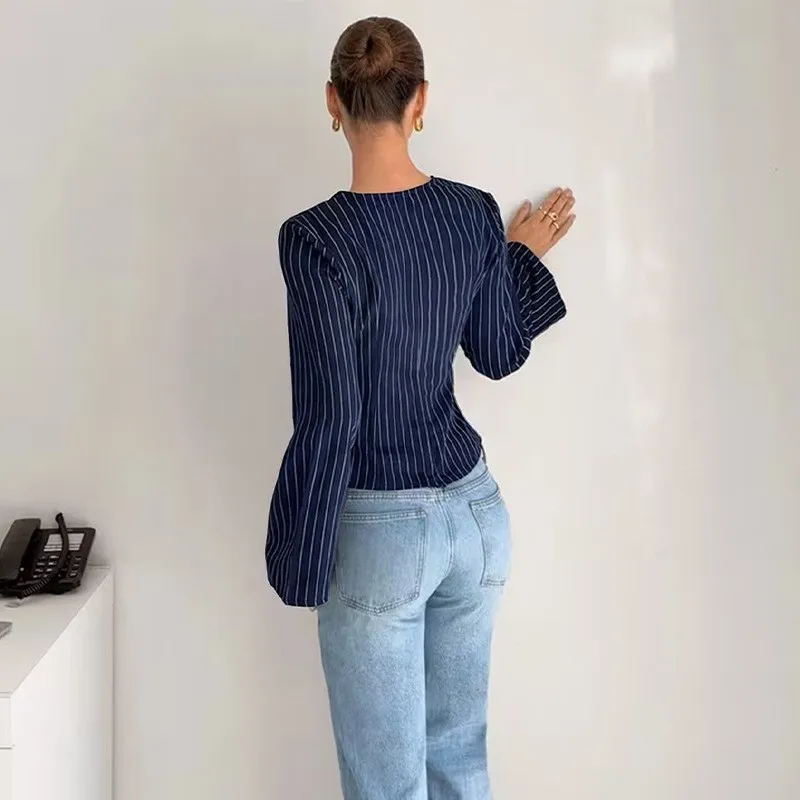 Women's Striped V Neck Blouse Long Sleeve Peplum Waist Wrap Front Navy Blue Flared Sleeve Asymmetrical Hem Top
Women's Striped V Neck Blouse Long Sleeve Peplum Waist Wrap Front Navy Blue Flared Sleeve Asymmetrical Hem Top