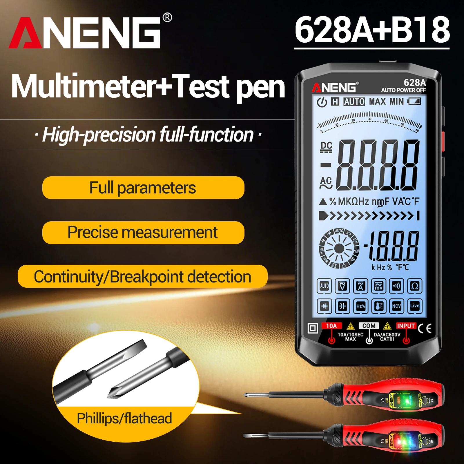 Electrician maintenance tool combination ANENG 628A fully automatic multimeter+B18 red handle cross shaped measuring pen
Electrician maintenance tool combination ANENG 628A fully automatic multimeter+B18 red handle cross shaped measuring pen