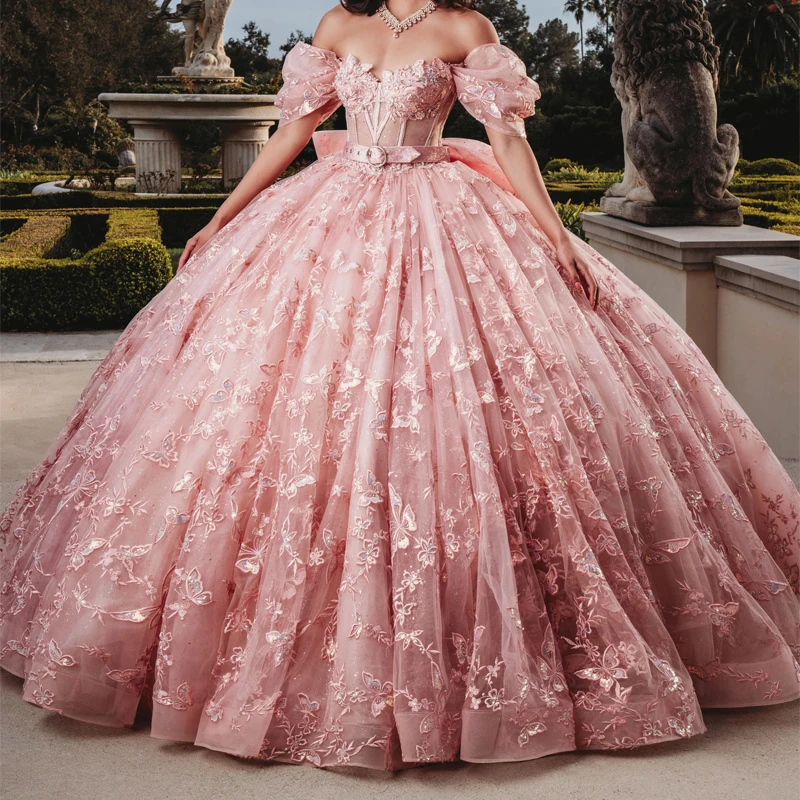 Pink Off The Shoulder Princess Ball Gown Quinceanera Dresses Classic 3D Bow Applique Beads Tull Sweet 16 Dress Vestidos 15 De
Pink Off The Shoulder Princess Ball Gown Quinceanera Dresses Classic 3D Bow Applique Beads Tull Sweet 16 Dress Vestidos 15 De