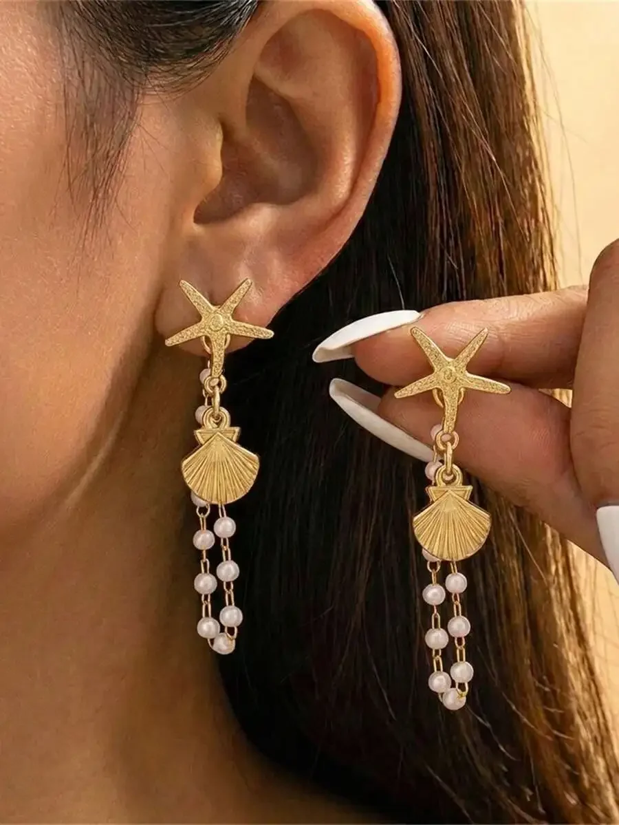 1 Pair Delicate Women Earrings With Random Pearl, Shell & Star Design,Unique Earrings Suitable For Party, Gifts, Everyday Wear
1 Pair Delicate Women Earrings With Random Pearl, Shell & Star Design,Unique Earrings Suitable For Party, Gifts, Everyday Wear