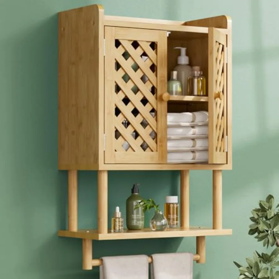 Bathroom Wall Cabinets, Bamboo Medicine Cabinet with Grille Door, Over The Toilet Storage Cabinet with Towel Bar, Wall Mounted
Bathroom Wall Cabinets, Bamboo Medicine Cabinet with Grille Door, Over The Toilet Storage Cabinet with Towel Bar, Wall Mounted
