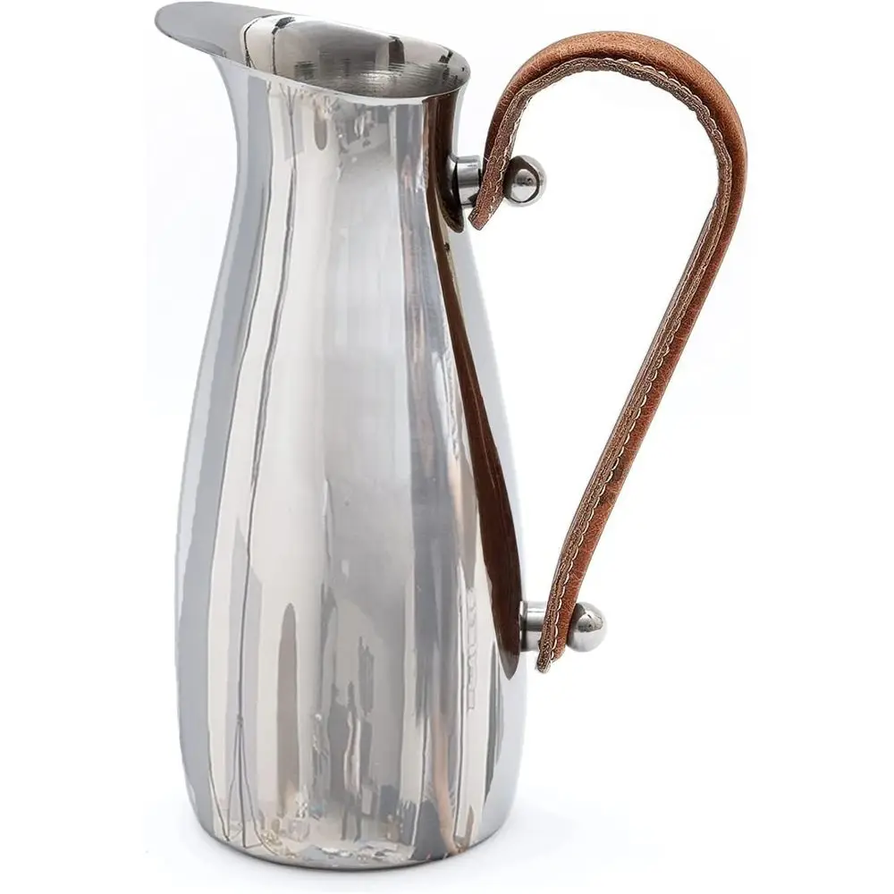 Mirrored Silver Water Pitcher with Leather Handle, 10 Height, Holds 42oz for Hot/Cold Beverages
Mirrored Silver Water Pitcher with Leather Handle, 10 Height, Holds 42oz for Hot/Cold Beverages