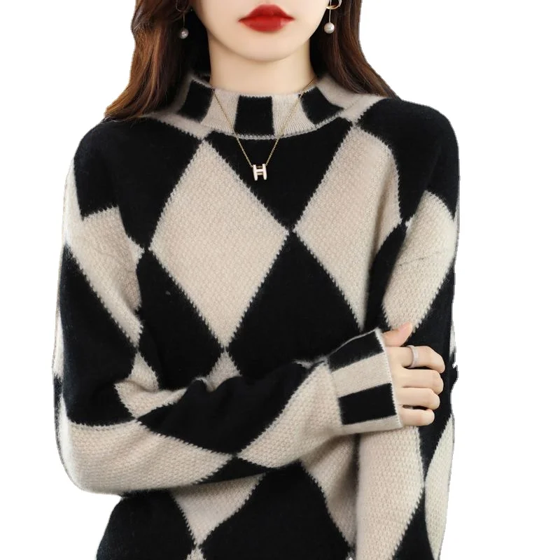 Slouchy Wool Knitwear Autumn and Winter New Semi high Collar Contrast Diamond Sweater for Women
Slouchy Wool Knitwear Autumn and Winter New Semi high Collar Contrast Diamond Sweater for Women
