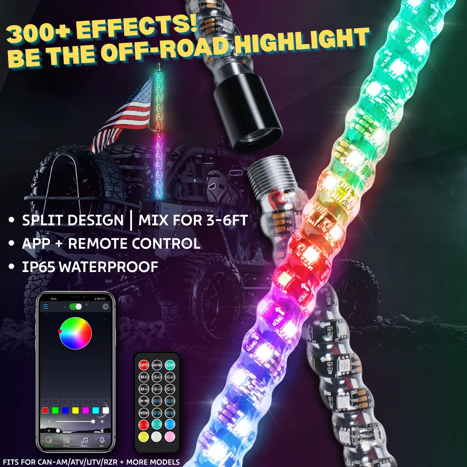 Светодиодный штыревой светильник 6 футов 5 футов 4 фута 3 фута Гибкий Bluetooth + пульт дистанционного управления с двойным управлением с цветной подсветкой для синхронизации музыки для Can-Am Maverick X3 UTV RZR
Светодиодный штыревой светильник 6 футов 5 футов 4 фута 3 фута Гибкий Bluetooth + пульт дистанционного управления с двойным управлением с цветной подсветкой для синхронизации музыки для Can-Am Maverick X3 UTV RZR