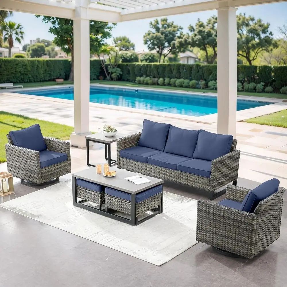 7-Piece Wicker Outdoor Patio Furniture Set with Swivel Rockers, Coffee Table, Side Table, 3-Seat Sofa, Ottomans - Grey/Blue
7-Piece Wicker Outdoor Patio Furniture Set with Swivel Rockers, Coffee Table, Side Table, 3-Seat Sofa, Ottomans - Grey/Blue