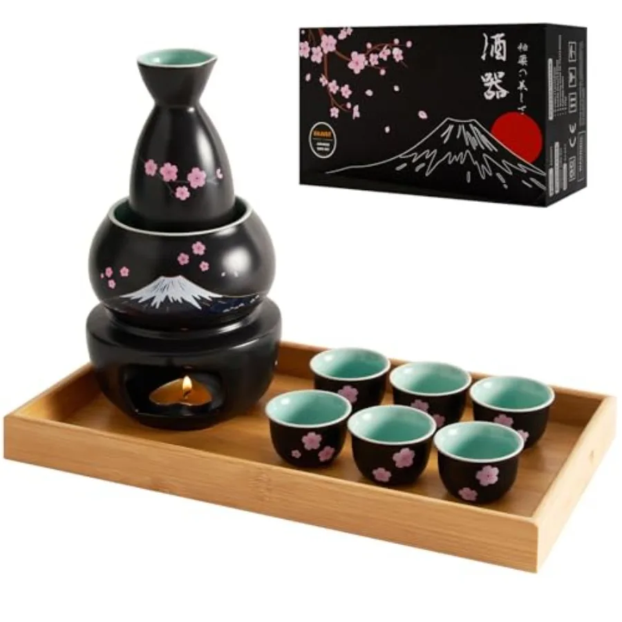 10 pcs Japanese for 6 Sakura and Fuji Design Porcelain 6 Sake Cups 1 Bottle 1 Warmer 1 Candle Stove 1 Tray and 1 Box Warm Sake
10 pcs Japanese for 6 Sakura and Fuji Design Porcelain 6 Sake Cups 1 Bottle 1 Warmer 1 Candle Stove 1 Tray and 1 Box Warm Sake