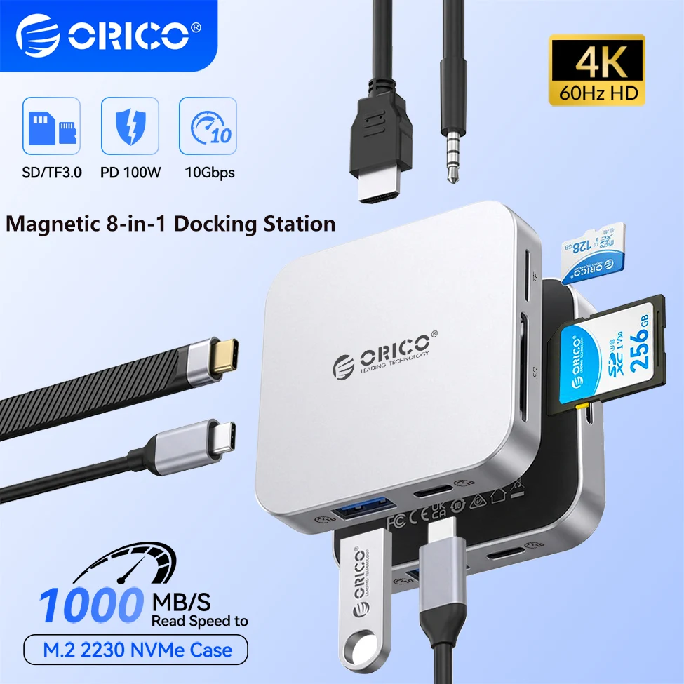 ORICO 8 in 1 USB C Docking Station Magnetic 10Gbps M.2 2230 NVMe SSD Enclosure 100W PD USB A Hub 4K@60Hz HDMI-Com SD/TF3.0 3.5mm
ORICO 8 in 1 USB C Docking Station Magnetic 10Gbps M.2 2230 NVMe SSD Enclosure 100W PD USB A Hub 4K@60Hz HDMI-Com SD/TF3.0 3.5mm