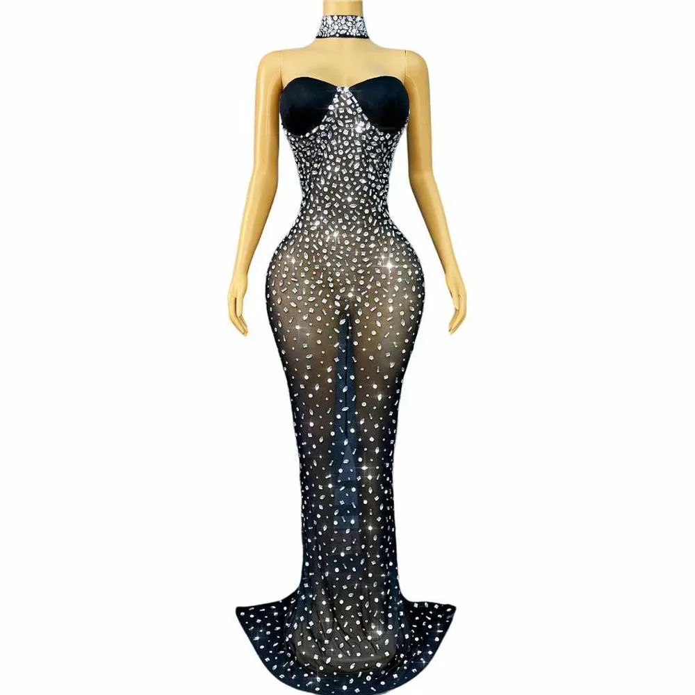 Sparkly Rhinestones strapless Long Dress Women Sexy Black Mesh Transparent Birthday Celebrate Evening Prom Dress Photoshoot Wear
Sparkly Rhinestones strapless Long Dress Women Sexy Black Mesh Transparent Birthday Celebrate Evening Prom Dress Photoshoot Wear