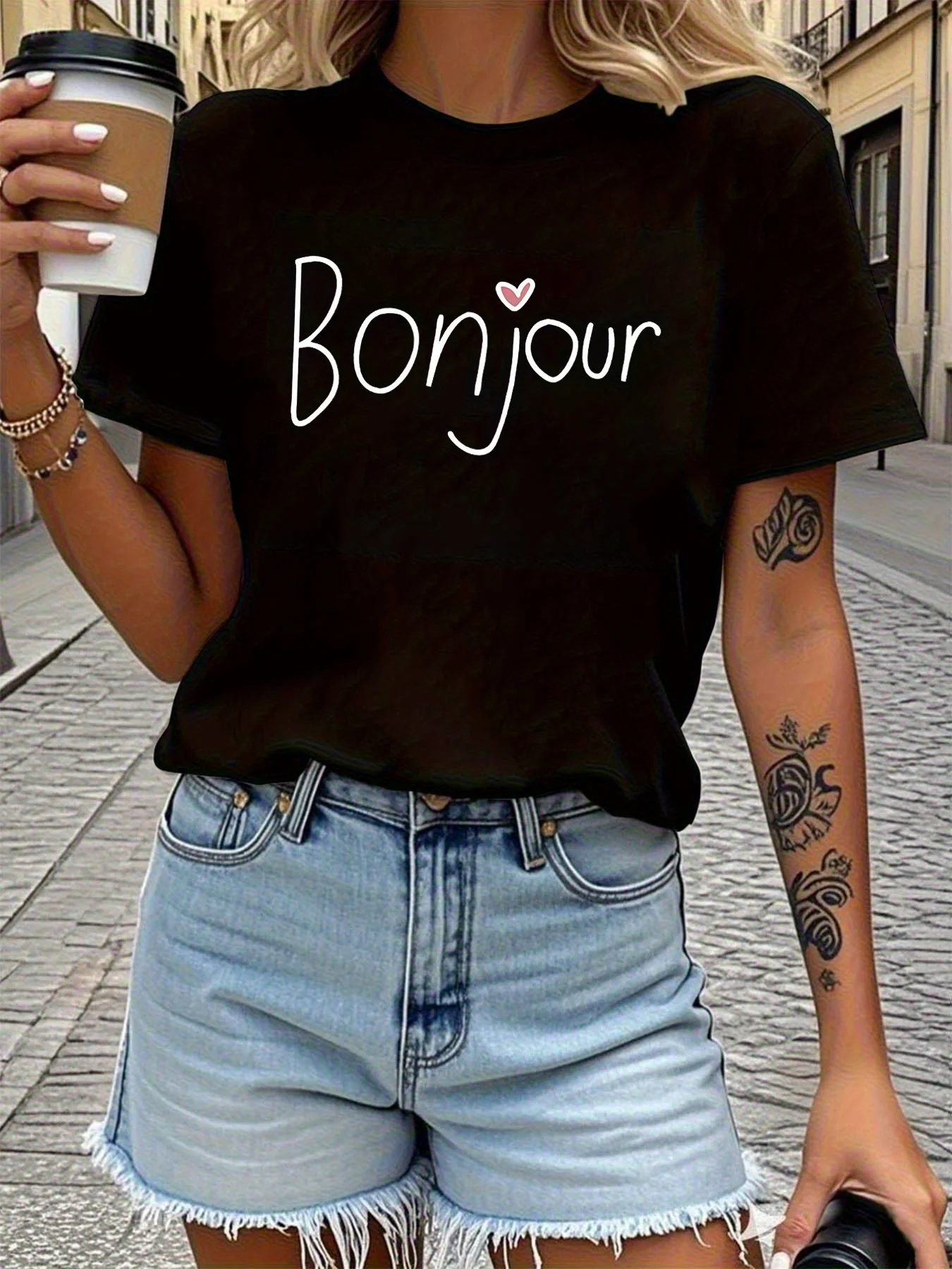Bonjour Letter Print Women's T-shirt, Short Sleeve Crew Neck Casual Top For Summer & Spring
Bonjour Letter Print Women's T-shirt, Short Sleeve Crew Neck Casual Top For Summer & Spring