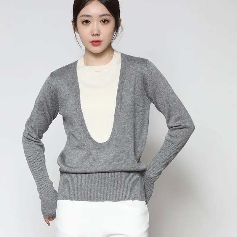 Fake Two-piece Sweater Cotton Wool Bottoming Knitwear Two-color Deep U-neck Slim Stitching Round Neck Pullover Loose Sweaters
Fake Two-piece Sweater Cotton Wool Bottoming Knitwear Two-color Deep U-neck Slim Stitching Round Neck Pullover Loose Sweaters