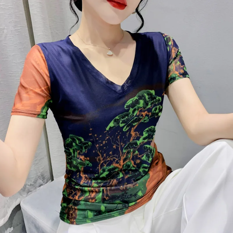 #5490 Summer Mesh T-shirt Women V-neck Tight Printed Short Tshirt Korean Style Office T Shirt Vintage Streetwear Tee Thin Sexy
#5490 Summer Mesh T-shirt Women V-neck Tight Printed Short Tshirt Korean Style Office T Shirt Vintage Streetwear Tee Thin Sexy