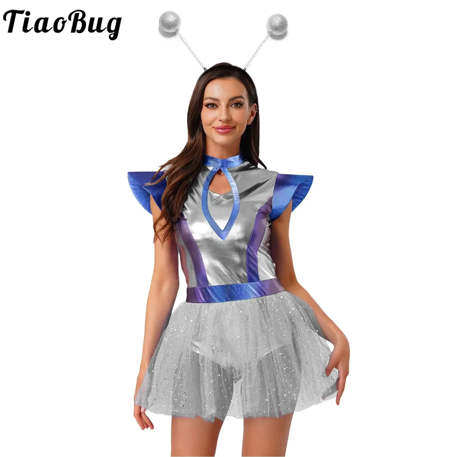 Women Alien Robot Cosplay Costume Astronaut Dress-up Sets Metallic Leotards Tulle Dress with Headwear for Halloween Themed Party
Women Alien Robot Cosplay Costume Astronaut Dress-up Sets Metallic Leotards Tulle Dress with Headwear for Halloween Themed Party
