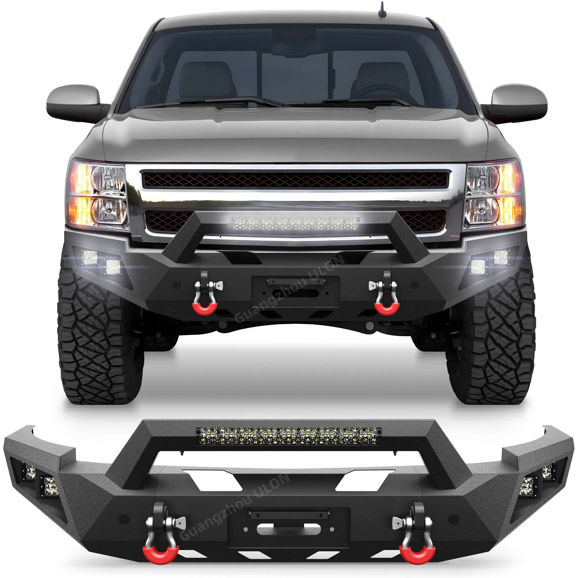 Silverado Front Bumper Full Width Offroad Bumper Winch Plate, 144W Light Bar, 4x18w Lights, D-rings, License Plate Brack
Silverado Front Bumper Full Width Offroad Bumper Winch Plate, 144W Light Bar, 4x18w Lights, D-rings, License Plate Brack